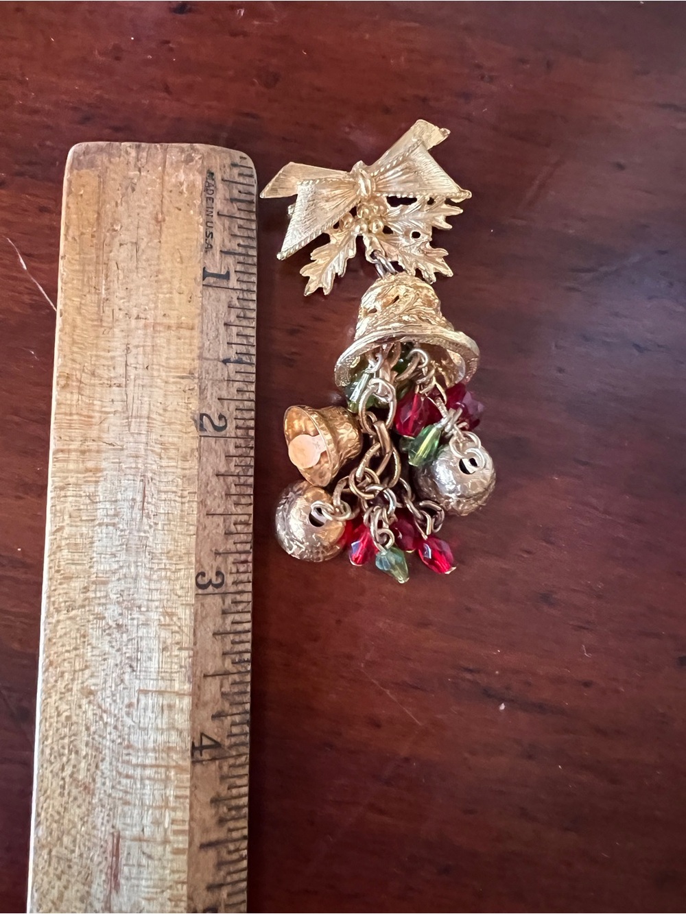 Vintage Hobe Christmas Brooch Bow Bell Holly Red GREEN CRYSTAL DANGLES
